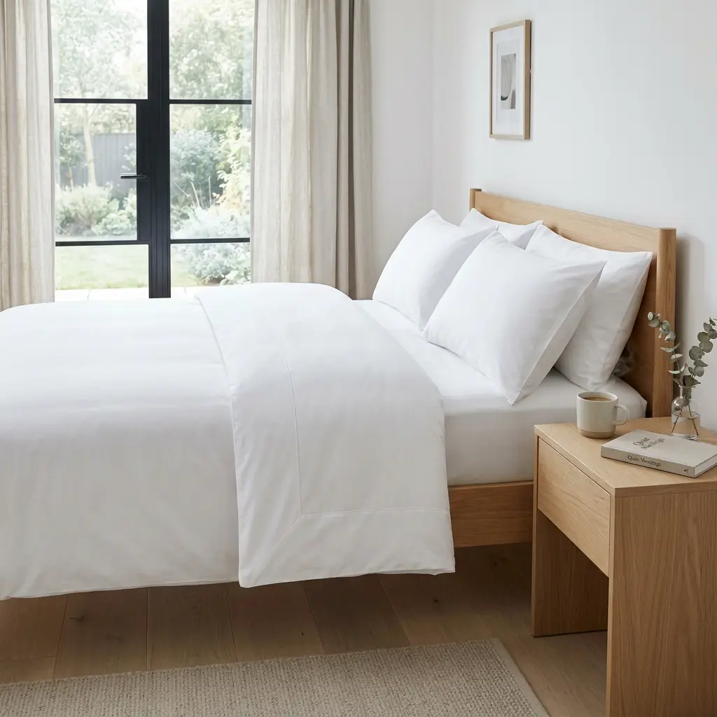 Freshly made bed with crisp white linens