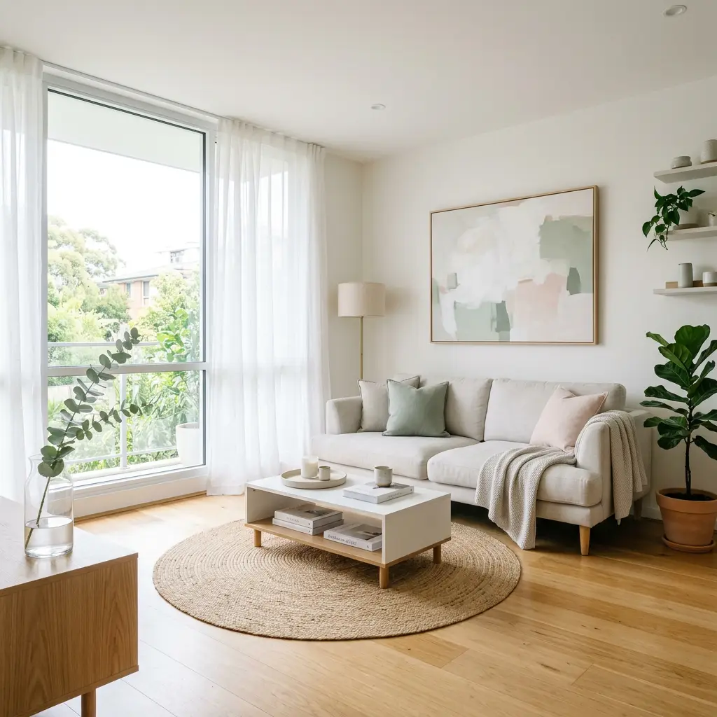 Sunlit living room with a linen sofa and gleaming oak floors