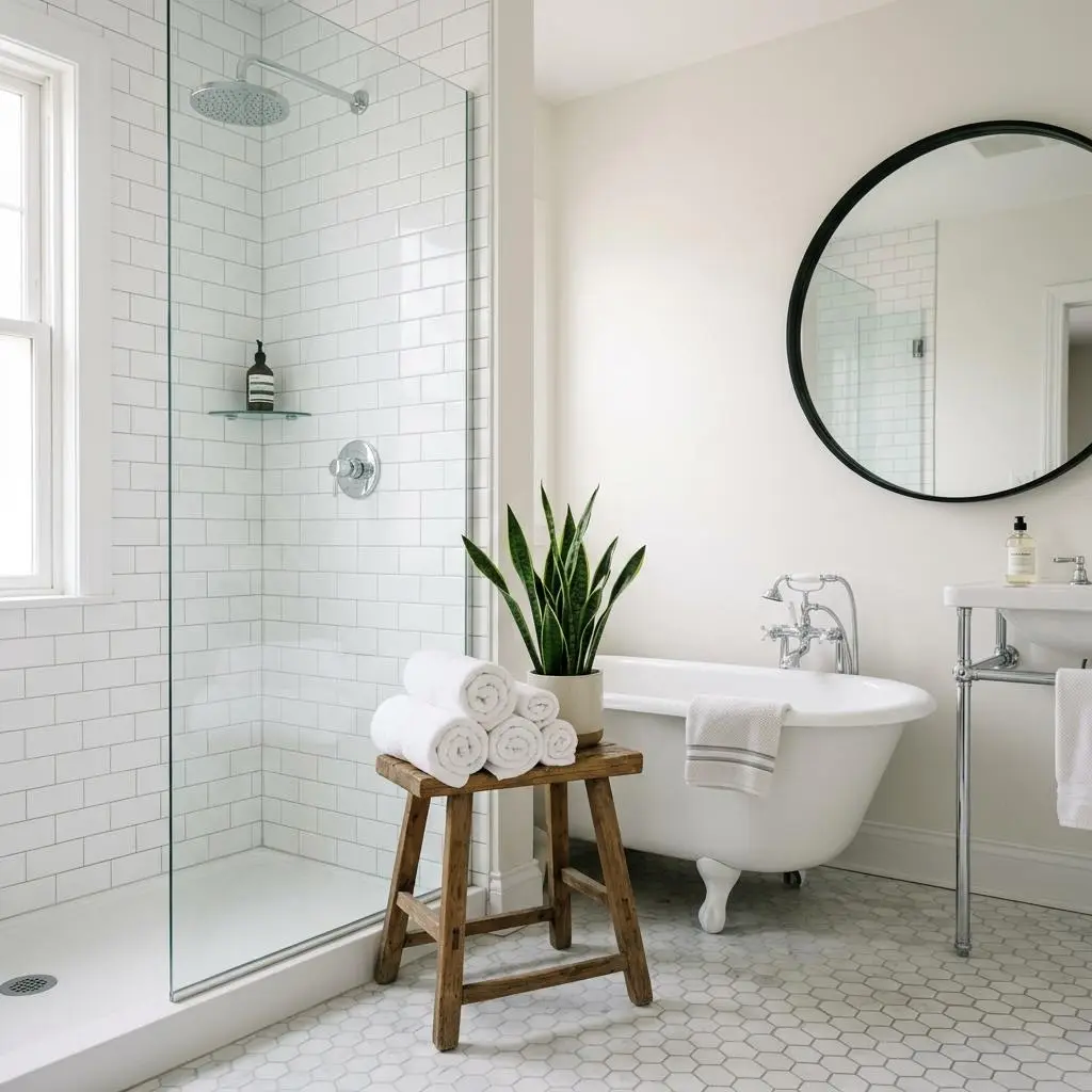 White tiled bathroom with rolled towels