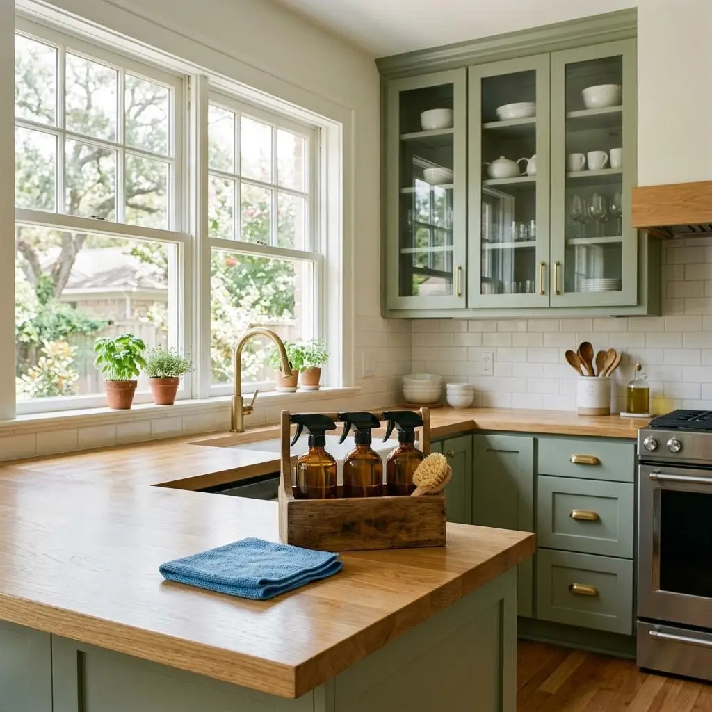 Bright kitchen with sage cabinets and clear counters