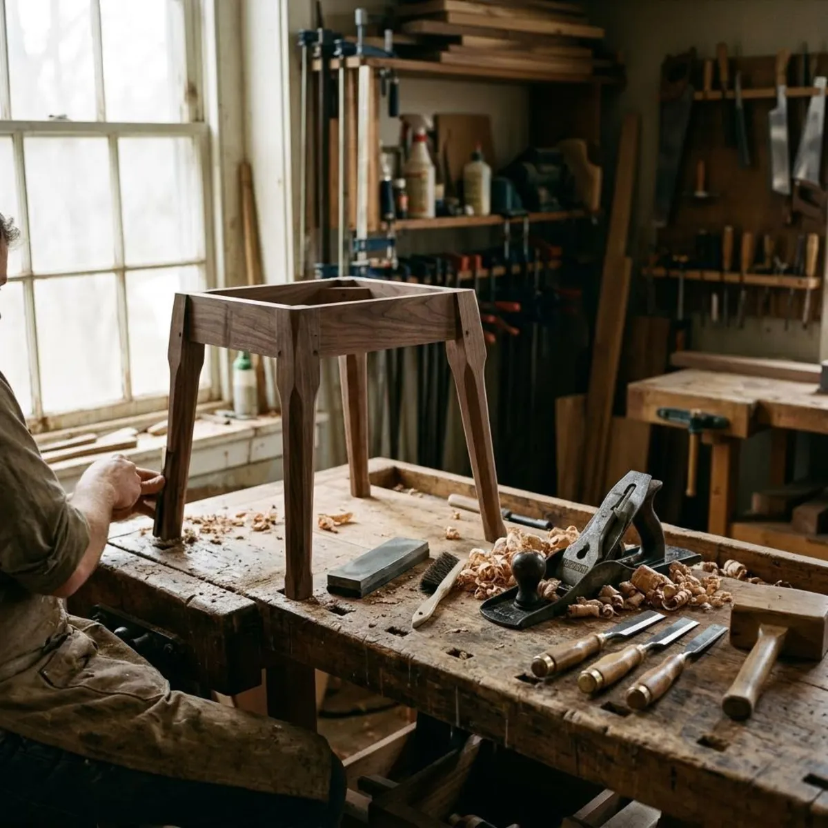 A workbench with hand planes, chisels and oak shavings beside a half-finished walnut stool