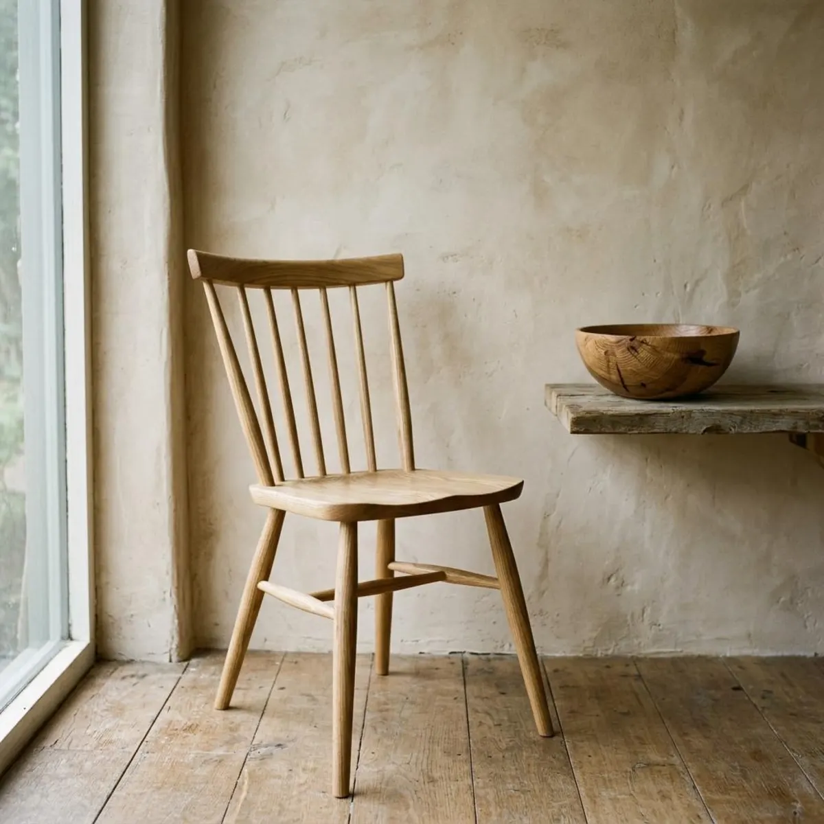 A handmade ash chair and a turned wooden bowl against a plaster wall