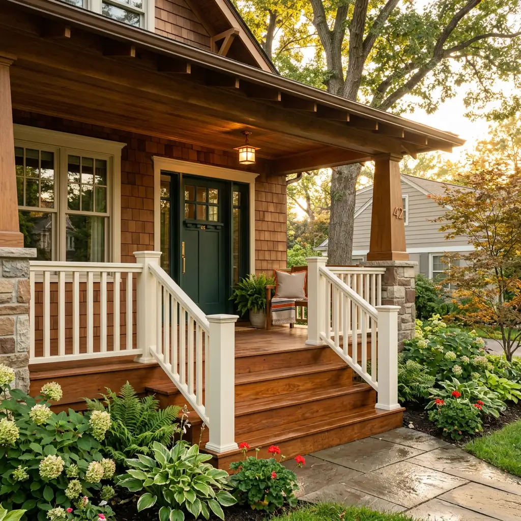 Repaired wooden porch railing and steps at golden hour