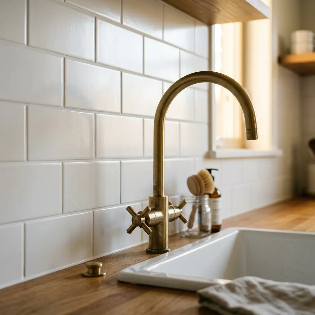 White subway tile backsplash with fresh grout and a brass faucet