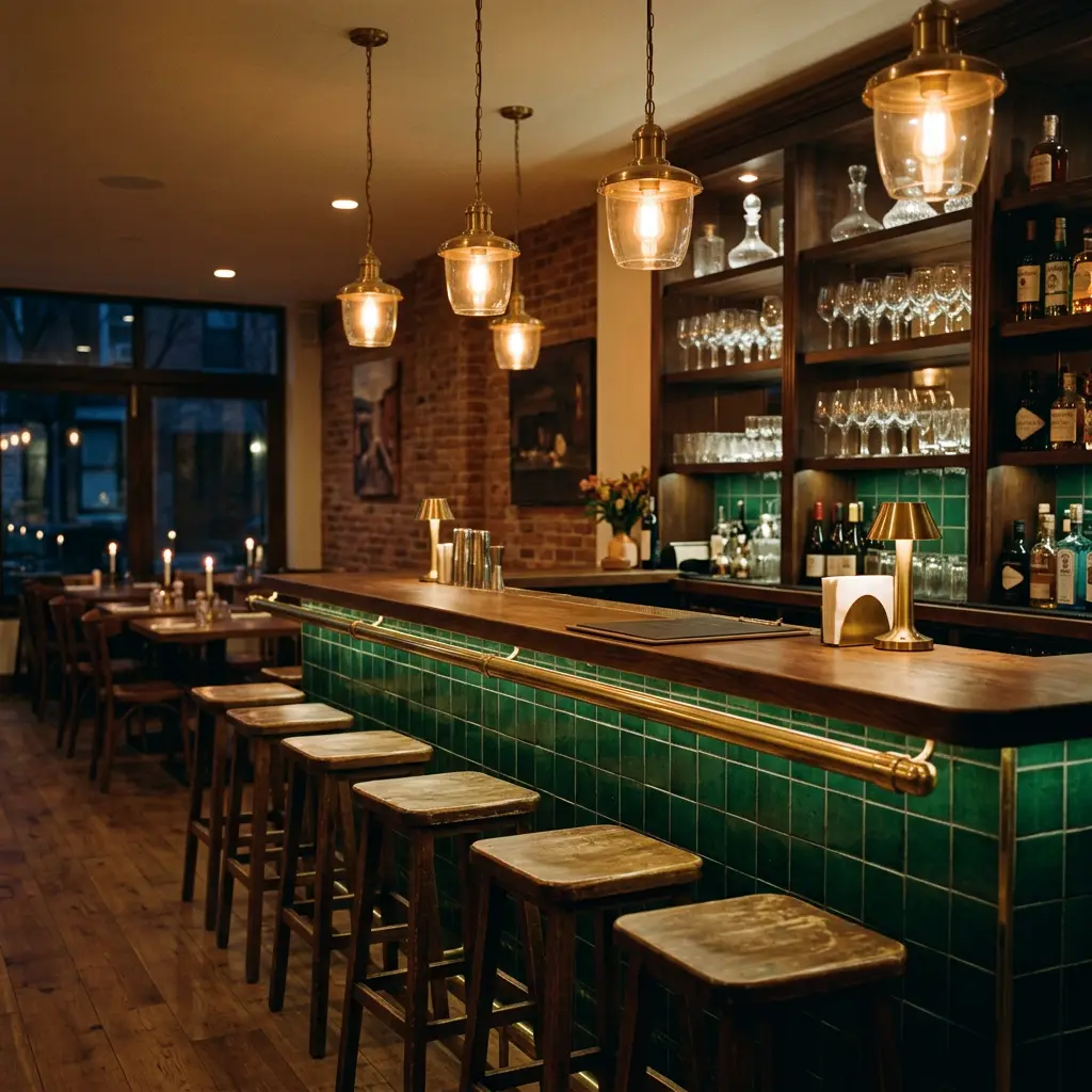 Deep green tiled bar with brass rail and warm pendant lights