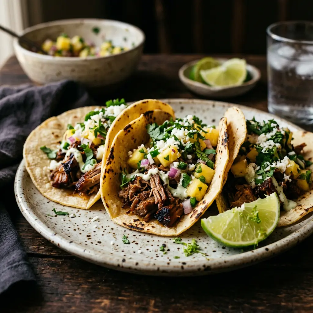Three pork tacos with pineapple salsa and cilantro, lime wedges on the side