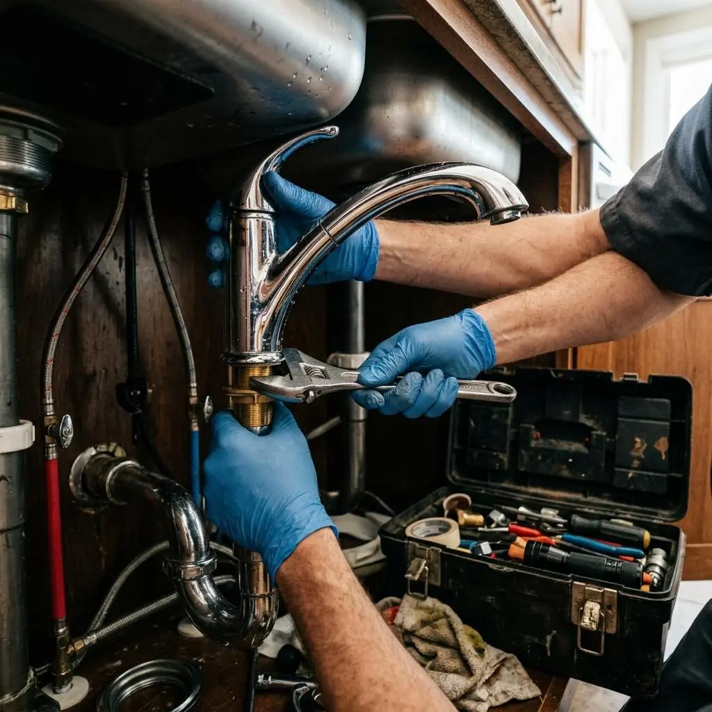 Hands tightening a kitchen faucet with a wrench
