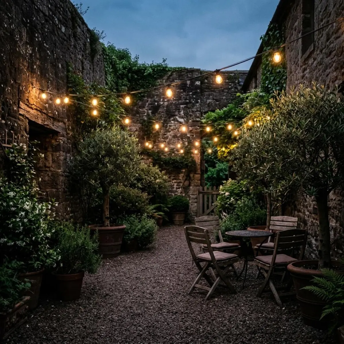 A walled courtyard with string lights, olive trees and wooden chairs in evening light