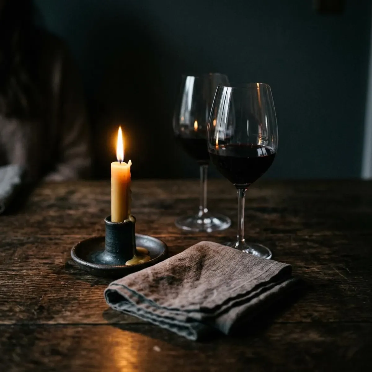A candle, wine glasses and folded linen on a dark oak table