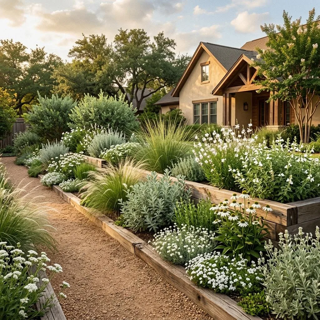 Generated illustration of a deep mixed perennial border beside a mown grass path