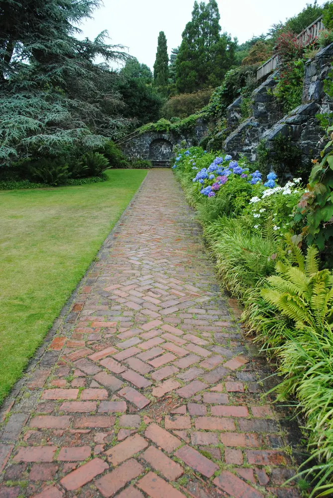 Herringbone brick path between a lawn and a hydrangea border