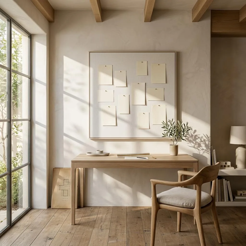 Generated illustration of a pale oak desk beneath a window with a lamp and a low shelf