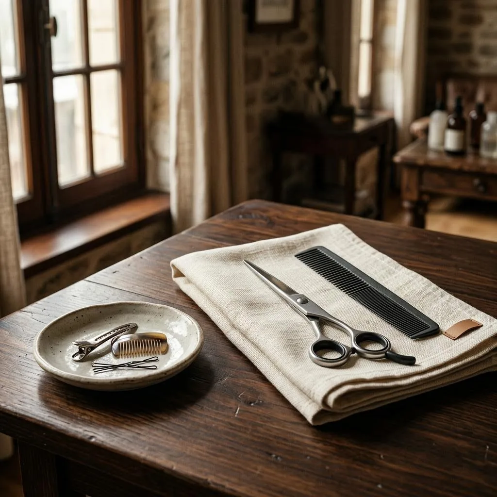 Generated illustration of combs, brushes and scissors laid out on a station shelf