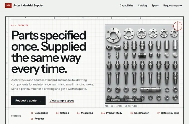 Current homepage screenshot of Aster Industrial Supply, a fictional website design demo