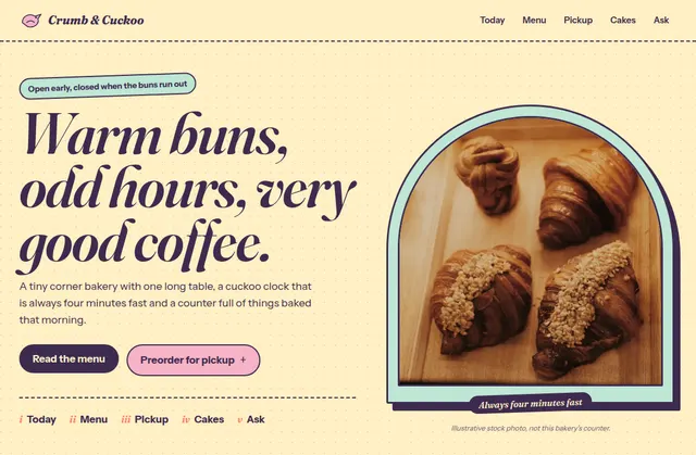 Current homepage screenshot of Crumb & Cuckoo, a fictional website design demo
