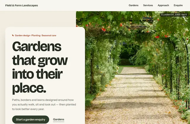 Current homepage screenshot of Field & Form Landscapes, a fictional website design demo
