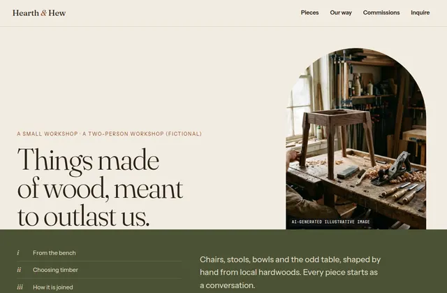 Current homepage screenshot of Hearth & Hew, a fictional website design demo