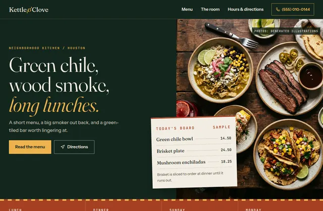 Current homepage screenshot of Kettle & Clove, a fictional website design demo