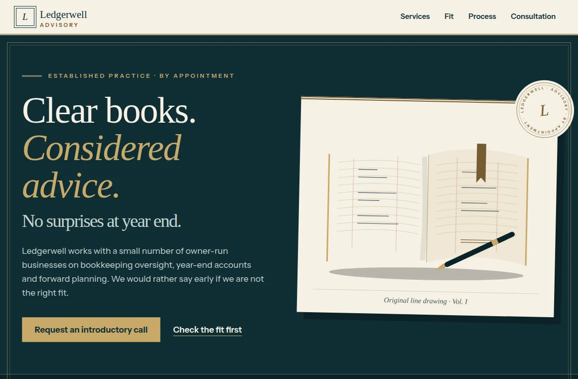 Current homepage screenshot of Ledgerwell Advisory, a fictional website design demo