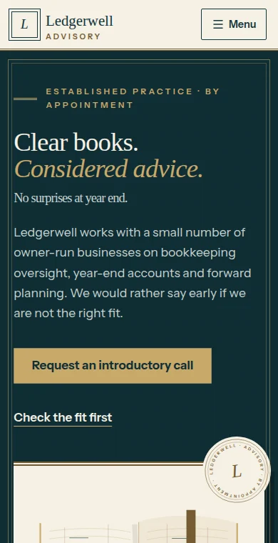 Current homepage screenshot of Ledgerwell Advisory, a fictional website design demo