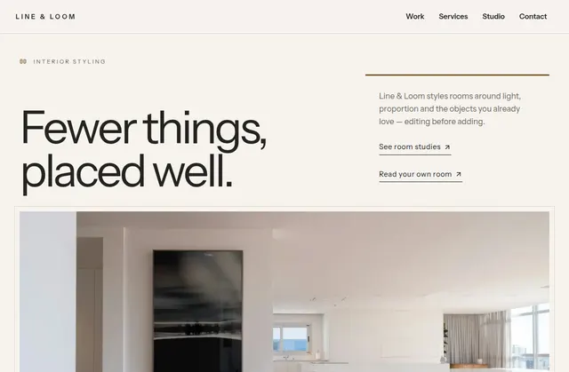 Current homepage screenshot of Line & Loom Interiors, a fictional website design demo