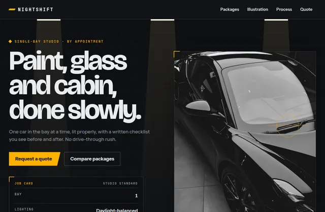 Current homepage screenshot of Nightshift Detail, a fictional website design demo
