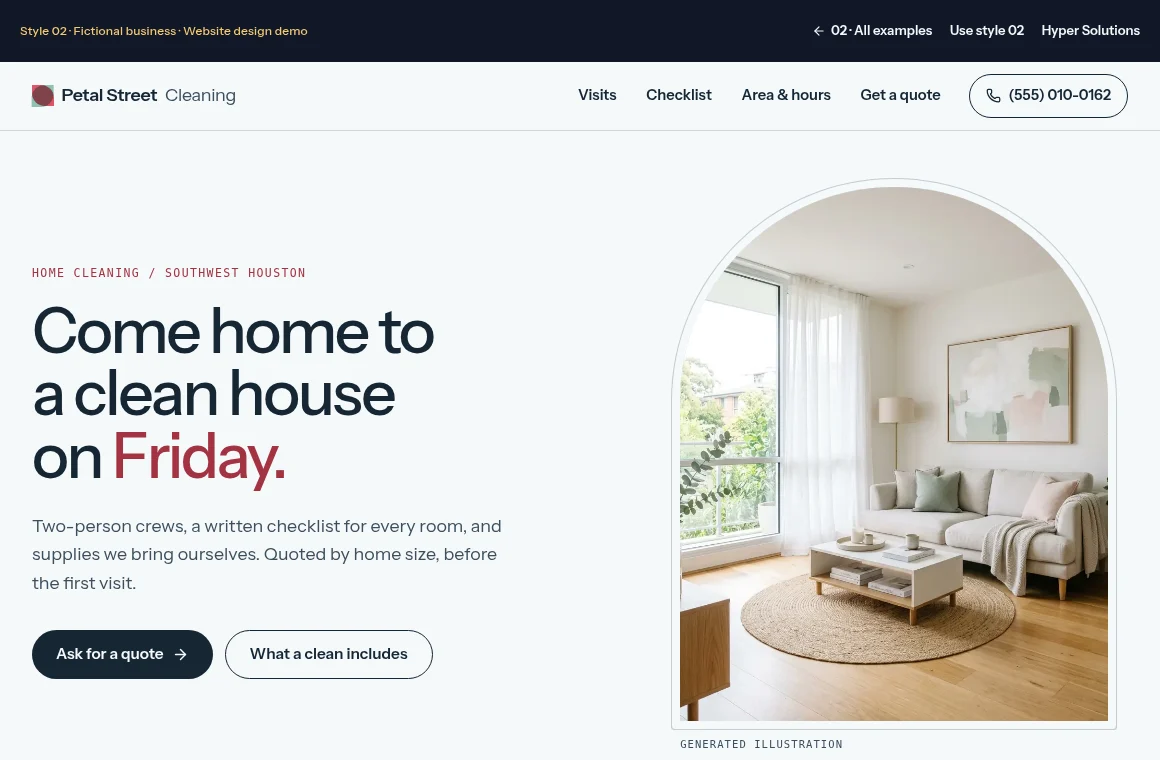 Current homepage screenshot of Petal Street Cleaning, a fictional website design demo