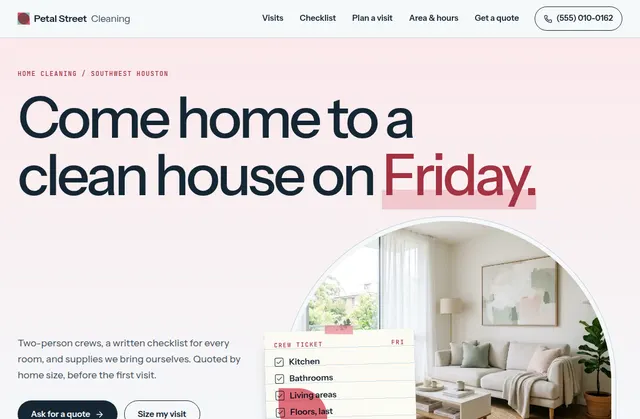 Current homepage screenshot of Petal Street Cleaning, a fictional website design demo