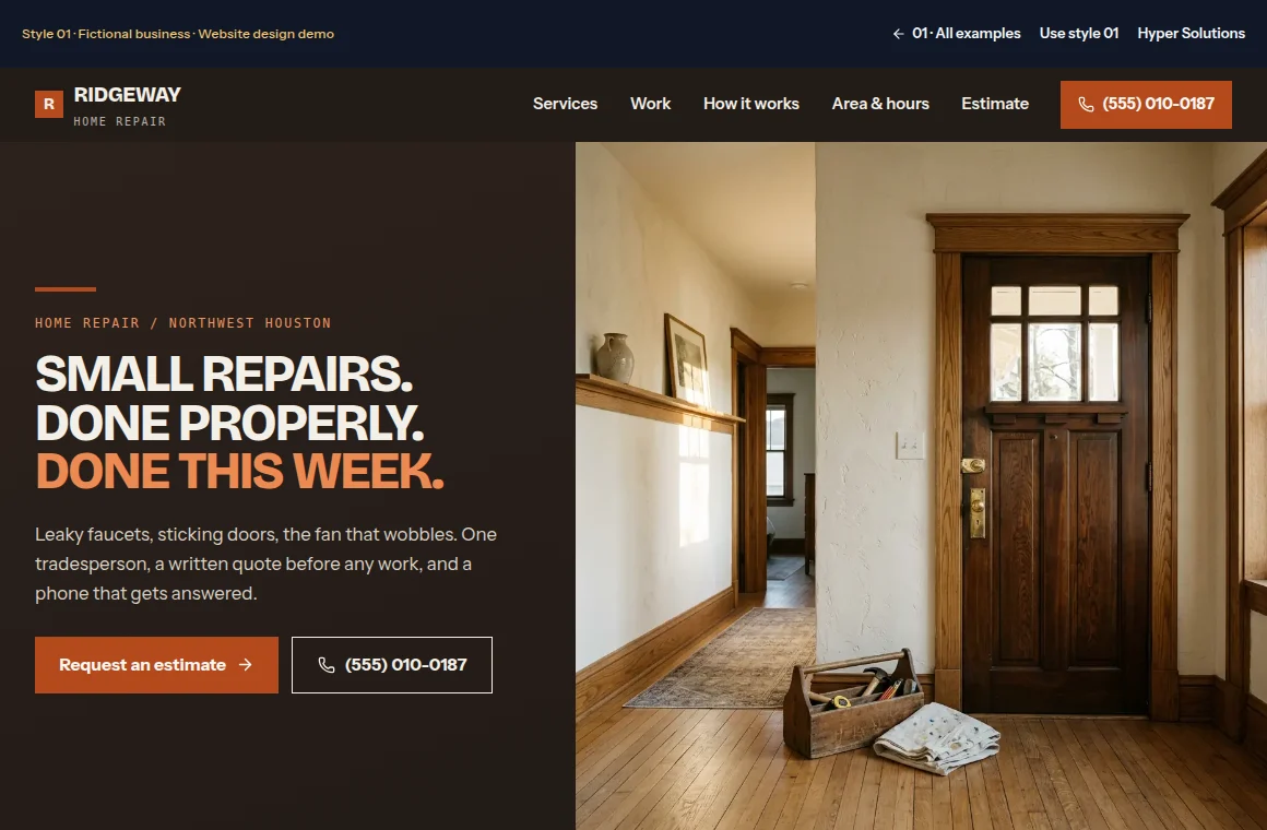 Current homepage screenshot of Ridgeway Home Repair, a fictional website design demo