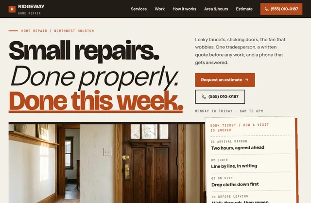 Current homepage screenshot of Ridgeway Home Repair, a fictional website design demo
