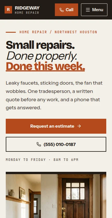 Current homepage screenshot of Ridgeway Home Repair, a fictional website design demo
