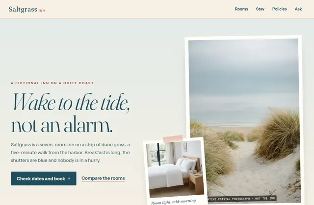 Current homepage screenshot of Saltgrass Inn, a fictional website design demo