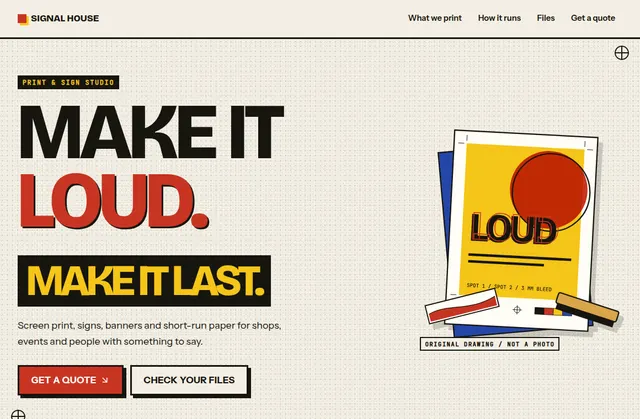 Current homepage screenshot of Signal House Print, a fictional website design demo