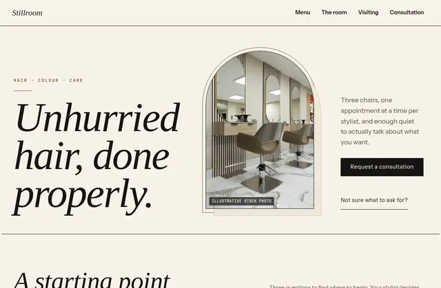 Current homepage screenshot of Stillroom Salon, a fictional website design demo