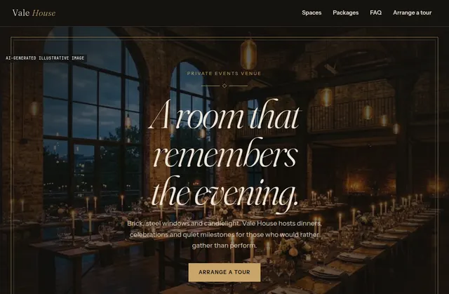 Current homepage screenshot of Vale House, a fictional website design demo