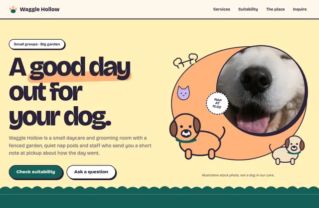 Current homepage screenshot of Waggle Hollow, a fictional website design demo